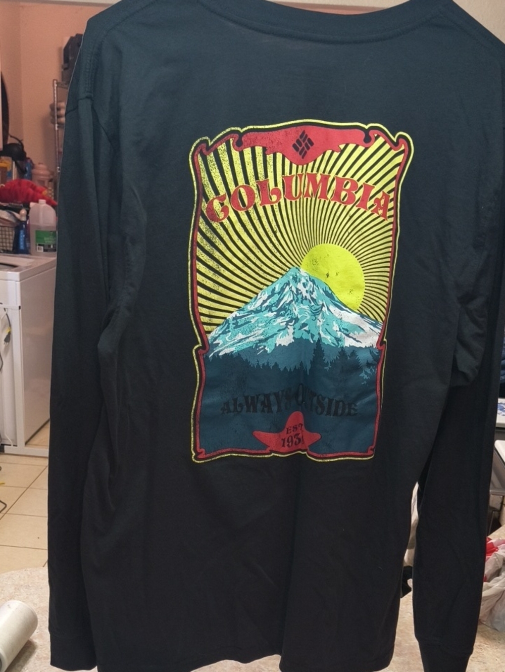 Columbia Black Long Sleeve Graphic Tee with Yellow Sun and Blue Mountain
